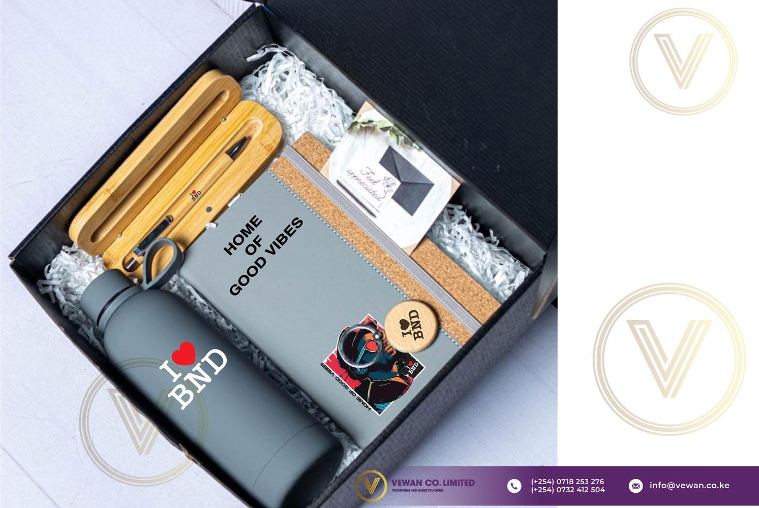 Vewan-branded executive gift box with the company logo and contact details