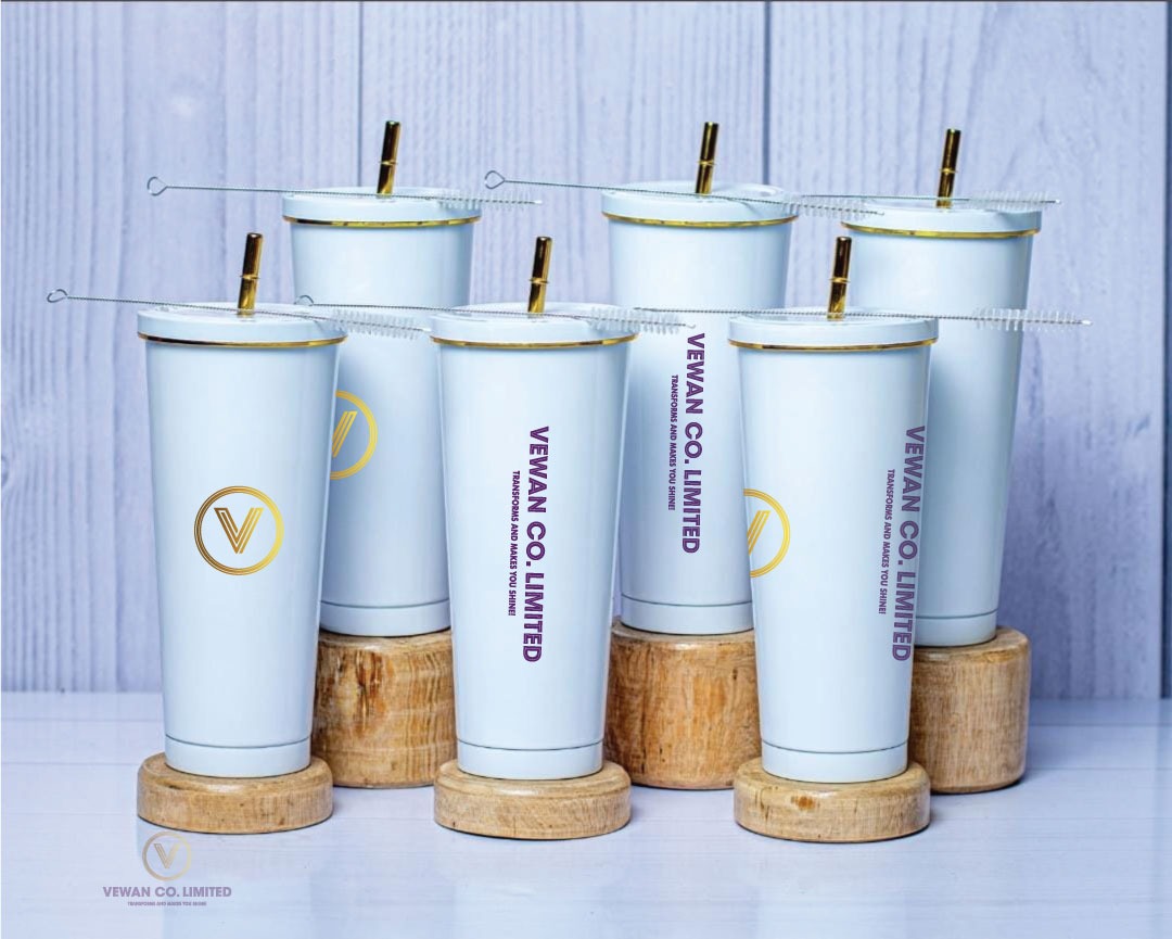 Gold and white branded tumblers produced by Vewan
